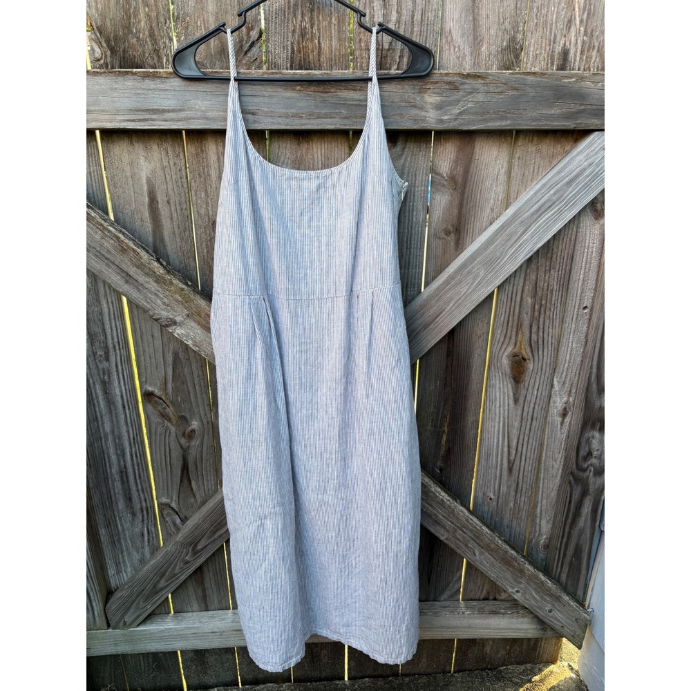 Quince European Linen Scoop Neck Midi Dress Blue Pinstripe XL CS001 Layering